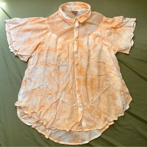 Ecote Anthropologie Blouse Gauze Peach White Short Flutter Sleeve Button Western